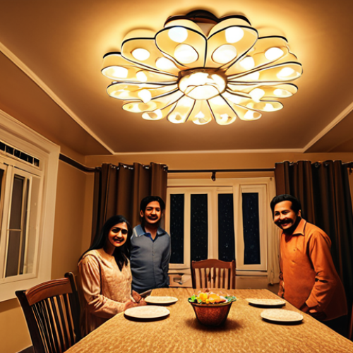 **Image Prompt:** A brightly lit Pakistani home interior showcasing LED bulbs in various fixtures (ceiling lights, lamps). The family is gathered, smiling, with natural light streaming through the windows. A visible electricity bill in the foreground shows a significantly reduced amount. Focus on warm, inviting tones.