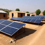 **Rural Solar Revolution:** Solar panels transforming a Pakistani village, powering homes and businesses, showcasing economic benefits and reduced emissions.