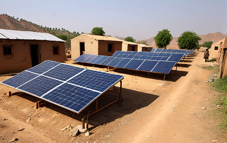 **Rural Solar Revolution:** Solar panels transforming a Pakistani village, powering homes and businesses, showcasing economic benefits and reduced emissions.