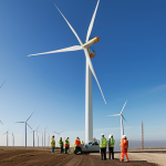 A team of professional engineers and construction workers, fully clothed in appropriate, modest safety attire, collaborating to install a large, modern wind turbine at a vast wind farm. They are using heavy lifting equipment, with a clear sky and open landscape in the background. The scene is well-lit, depicting professional photography, high quality, perfect anatomy, correct proportions, natural pose, well-formed hands, proper finger count, natural body proportions. safe for work, appropriate content, fully clothed, professional, family-friendly.