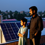 A Pakistani family, including a father, mother, and two children, stands in their brightly lit living room, looking towards a window. Outside the window, a modern residential rooftop with clearly visible solar panels is shown under a twilight sky, suggesting power self-sufficiency while the surrounding neighborhood is dim. All individuals are fully clothed in modest, family-friendly attire. The scene is depicted with professional photography, high quality, perfect anatomy, correct proportions, well-formed hands, proper finger count, natural body proportions, safe for work, appropriate content.