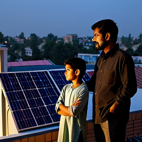 A Pakistani family, including a father, mother, and two children, stands in their brightly lit living room, looking towards a window. Outside the window, a modern residential rooftop with clearly visible solar panels is shown under a twilight sky, suggesting power self-sufficiency while the surrounding neighborhood is dim. All individuals are fully clothed in modest, family-friendly attire. The scene is depicted with professional photography, high quality, perfect anatomy, correct proportions, well-formed hands, proper finger count, natural body proportions, safe for work, appropriate content.