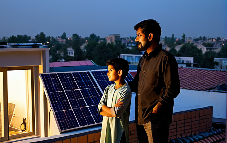 A Pakistani family, including a father, mother, and two children, stands in their brightly lit living room, looking towards a window. Outside the window, a modern residential rooftop with clearly visible solar panels is shown under a twilight sky, suggesting power self-sufficiency while the surrounding neighborhood is dim. All individuals are fully clothed in modest, family-friendly attire. The scene is depicted with professional photography, high quality, perfect anatomy, correct proportions, well-formed hands, proper finger count, natural body proportions, safe for work, appropriate content.