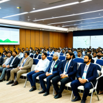 **

"A diverse group of professionals attending a renewable energy conference in Islamabad. The scene shows a modern conference hall with solar panel displays and wind turbine models. Attendees are fully clothed in modest, professional business attire, actively participating in discussions. Bright, natural lighting. Safe for work, appropriate content, educational, family-friendly, perfect anatomy, natural proportions, high resolution."

**