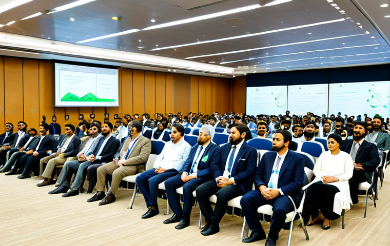 **

"A diverse group of professionals attending a renewable energy conference in Islamabad. The scene shows a modern conference hall with solar panel displays and wind turbine models. Attendees are fully clothed in modest, professional business attire, actively participating in discussions. Bright, natural lighting. Safe for work, appropriate content, educational, family-friendly, perfect anatomy, natural proportions, high resolution."

**