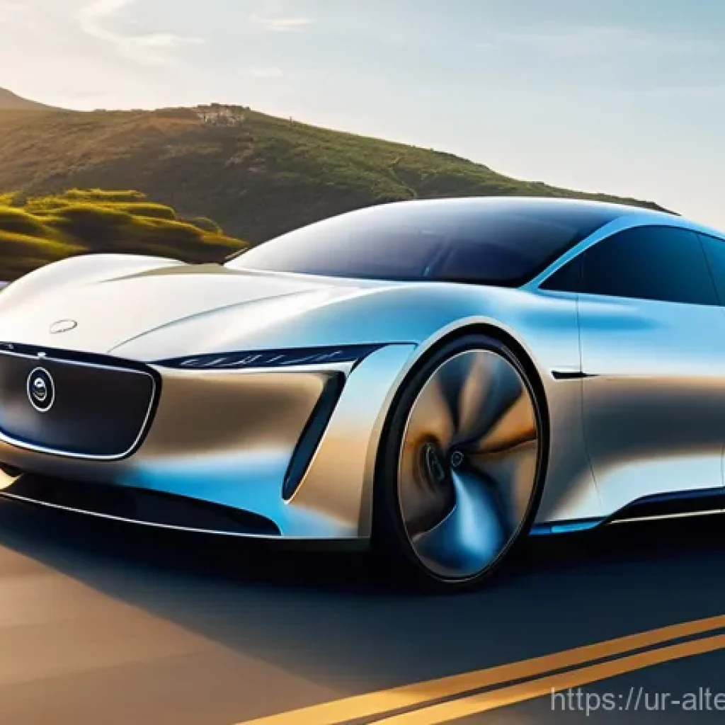 전기차 배터리 기술 - **Prompt:** A sleek, futuristic electric car effortlessly glides along a winding, scenic coastal hig...