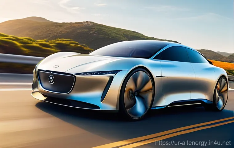 전기차 배터리 기술 - **Prompt:** A sleek, futuristic electric car effortlessly glides along a winding, scenic coastal hig...