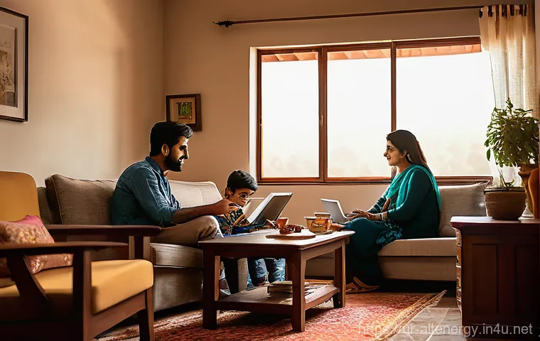 에너지 저장 시스템 ESS - **Prompt:** A warm, inviting interior scene of a modern Pakistani home during the evening. A family,...