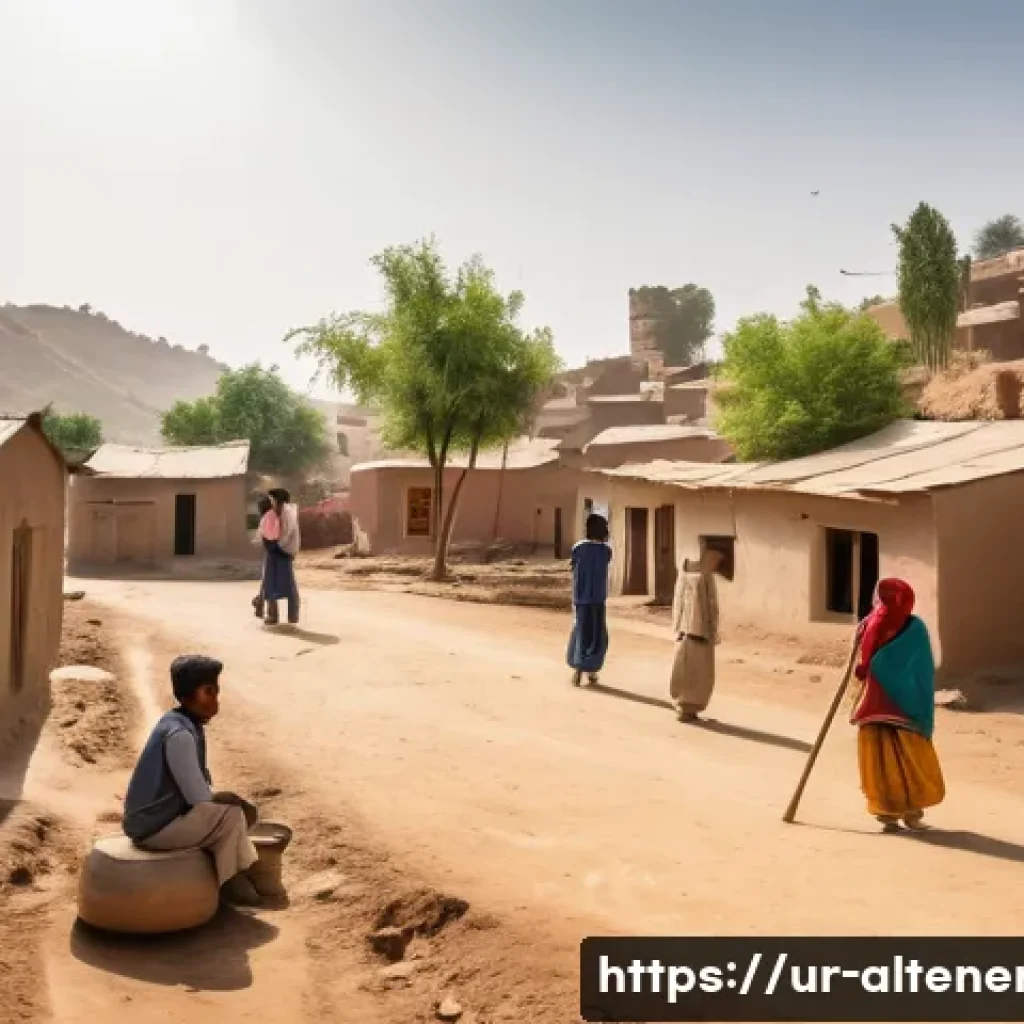 대체에너지 연구 및 혁신 - A vibrant, sunny afternoon in a bustling Pakistani village. The scene features traditional mud-brick...
