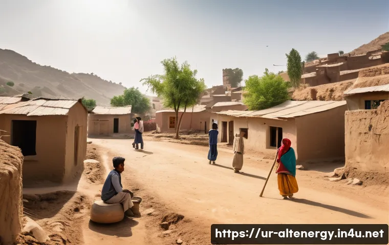 대체에너지 연구 및 혁신 - A vibrant, sunny afternoon in a bustling Pakistani village. The scene features traditional mud-brick...
