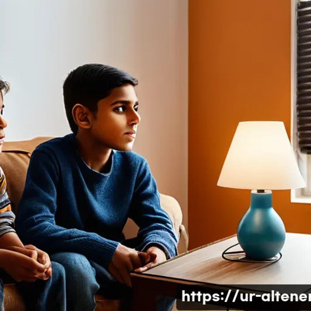에너지 관리 시스템 - **Prompt:** A warm, inviting interior of a modern Pakistani living room. A father and his two childr...