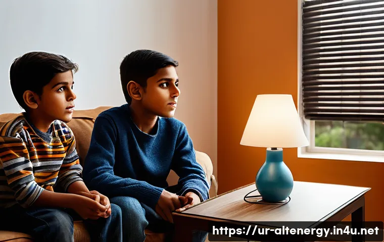 에너지 관리 시스템 - **Prompt:** A warm, inviting interior of a modern Pakistani living room. A father and his two childr...