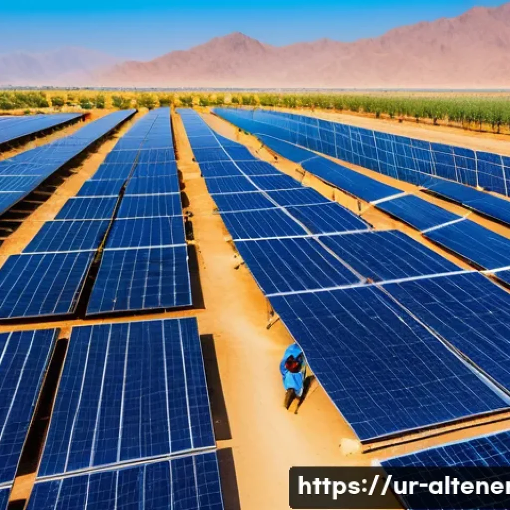 대체에너지 산업의 미래 전망 - A vibrant solar energy farm under bright sunlight in a semi-arid region of Pakistan, featuring rows ...