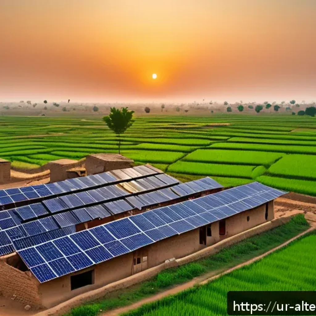 재생 가능 에너지 정책 - A vibrant rural Pakistani village scene at sunset featuring a cluster of modern solar panels install...