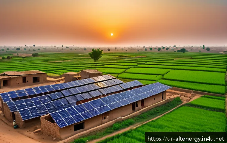 재생 가능 에너지 정책 - A vibrant rural Pakistani village scene at sunset featuring a cluster of modern solar panels install...