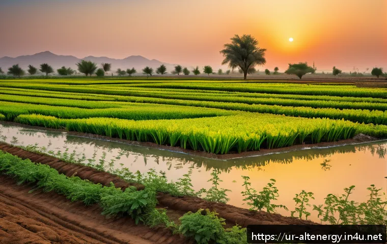 농업용 태양광 시스템 - A vibrant rural Pakistani farm scene during daylight showcasing a modern solar-powered irrigation