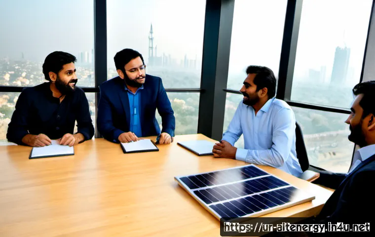 대체에너지 기술 벤처 투자 - Photorealistic venture capital meeting in a modern Lahore office, Pakistani entrepreneurs in modest ...